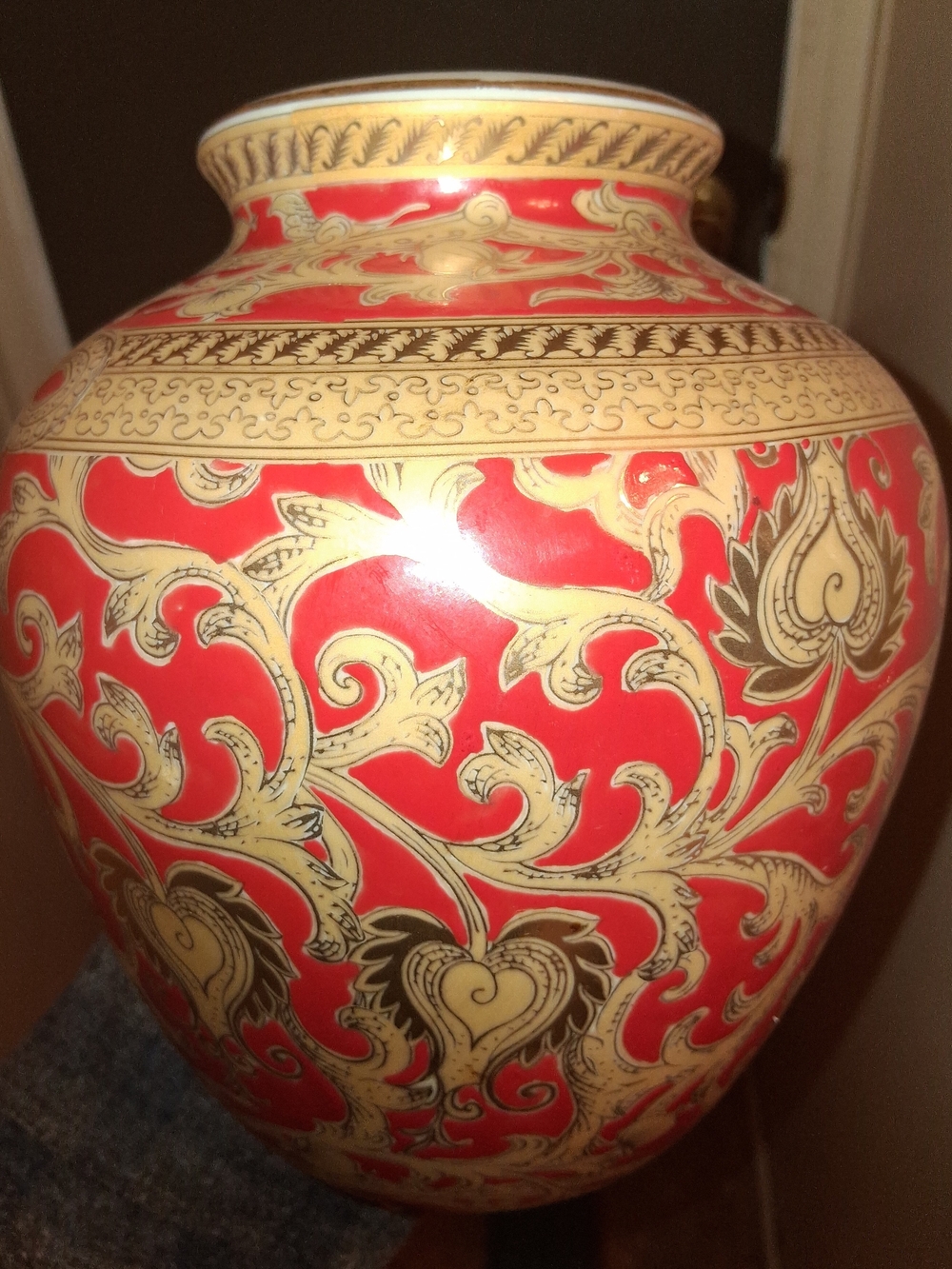 Vintage Moon Vase Asian Pottery Engraved Red Gold Scroll Leaf